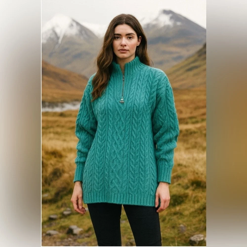 Aran Crafts 100% Merino Wool Turquoise Cable Knit 1/4 Zip Turtleneck Sweater